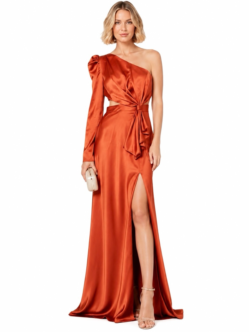 NWT Mac Duggal Asymmetrical One Shoulder Satin Formal Gown Tangerine Size 2